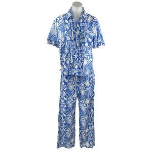 Zara Women's Blue Printed Short Sleeve Shirt & Wide Leg Trousers Matching Set M